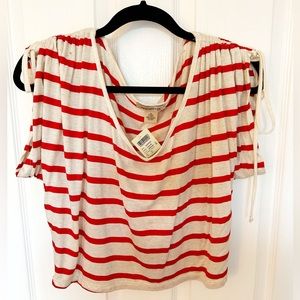 NWT Red & Cream stripped oversized crop top w/ ties